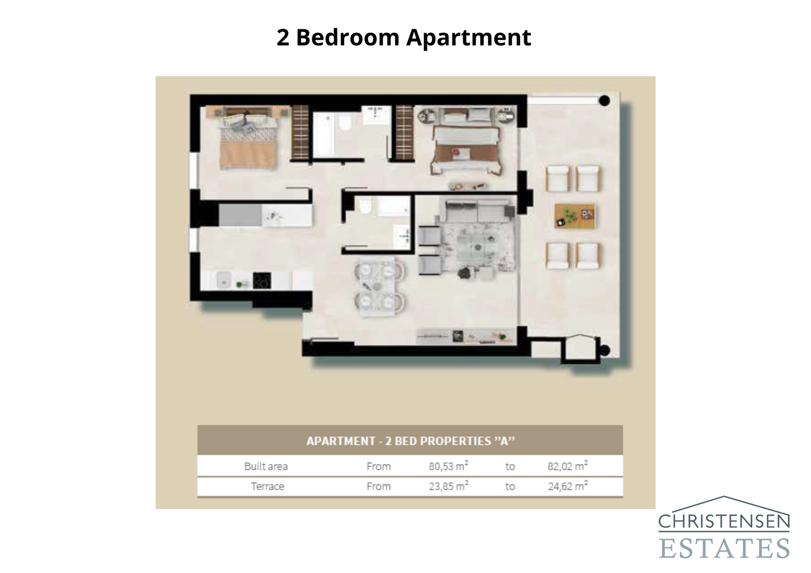 This two-bedroom apartment layout offers a practical and open design, connecting the living area to a generous terrace, ideal for enjoying the outdoors.