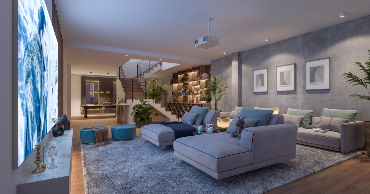 A versatile basement level offers extra space for a home cinema, games room, or personal gym.