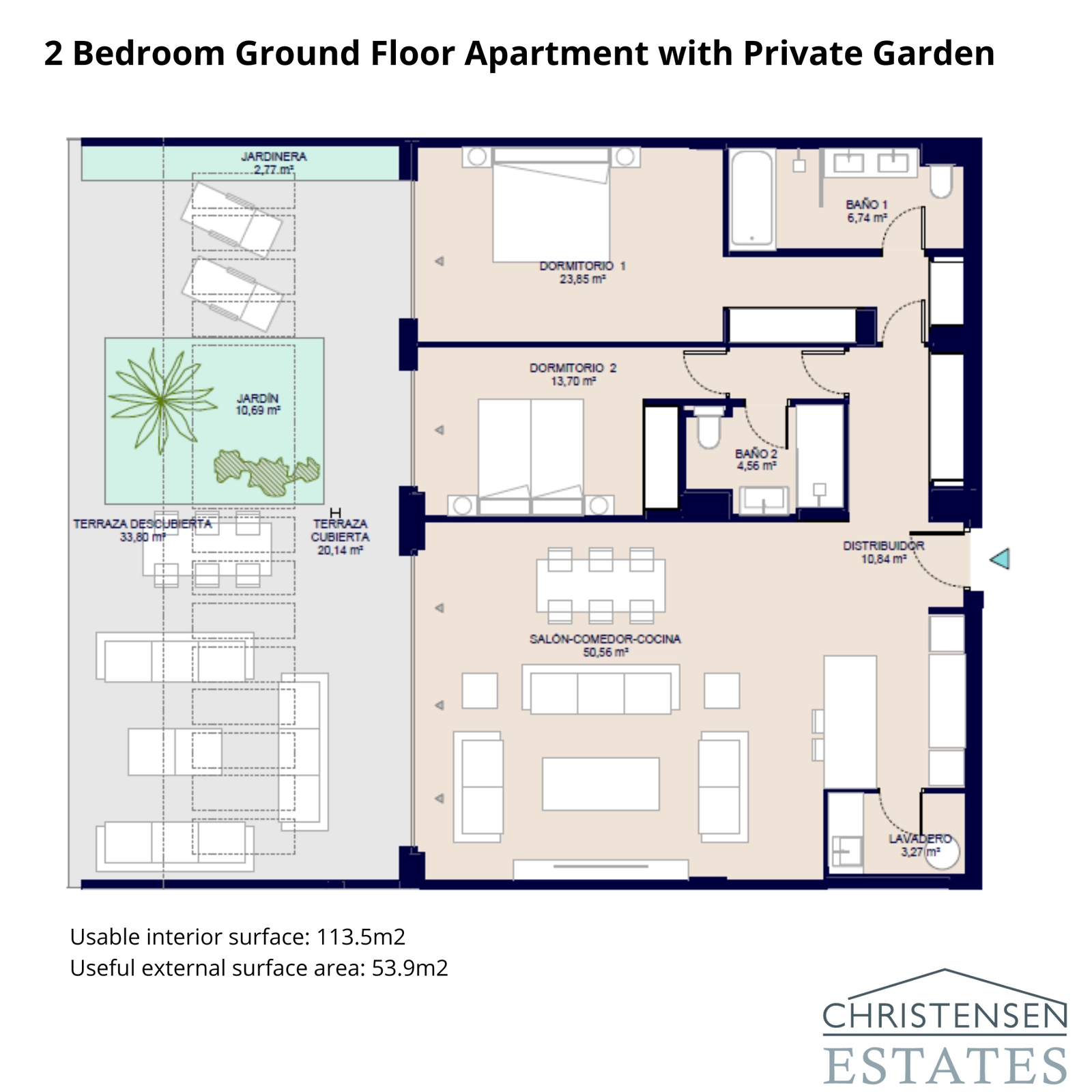 This two-bedroom ground floor plan shows spacious living areas connected to a generous private garden and terrace.