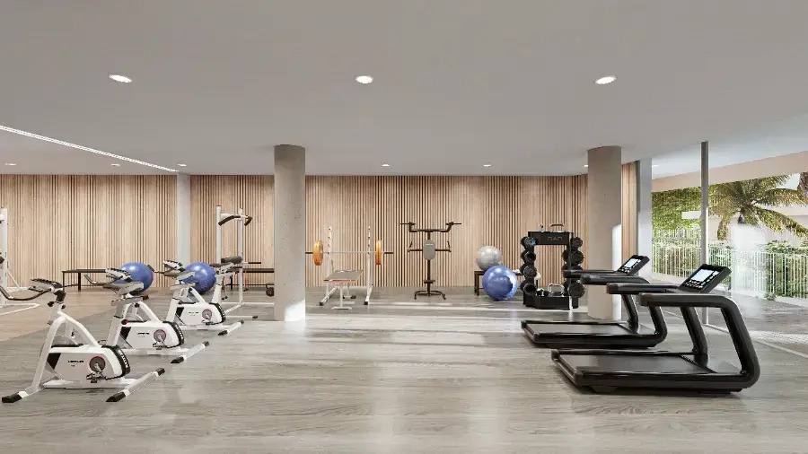 The fully equipped residents' gymnasium, designed for a complete workout.