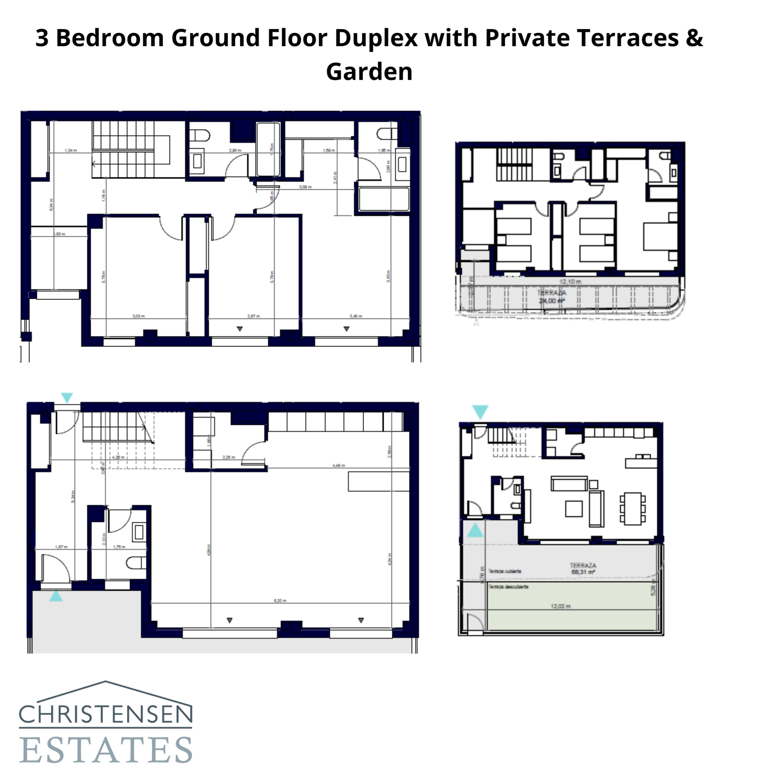 A spacious three-bedroom ground-floor duplex layout featuring extensive private terraces and a garden.