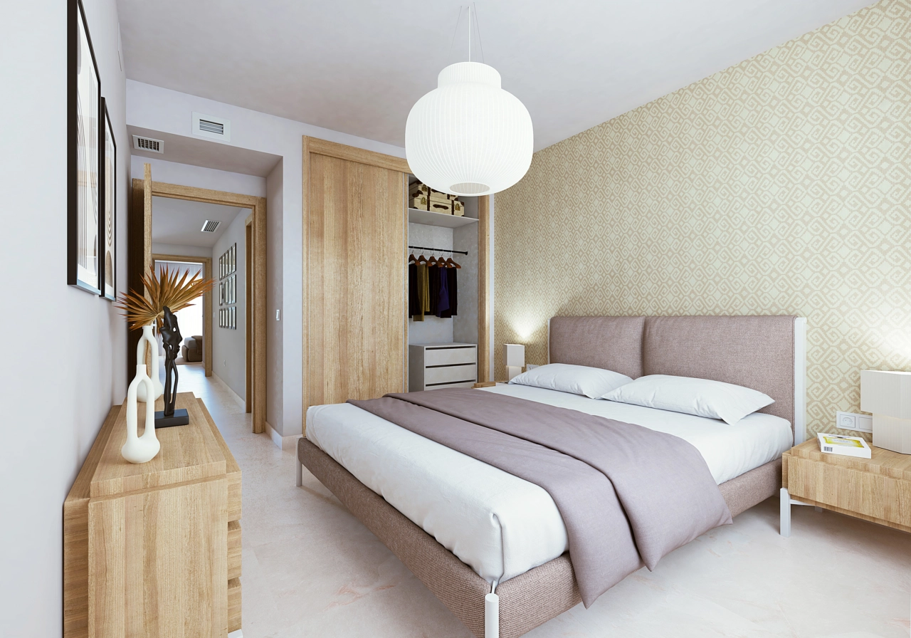 A tranquil and spacious bedroom featuring integrated wardrobes and warm, natural-toned finishes for ultimate relaxation.