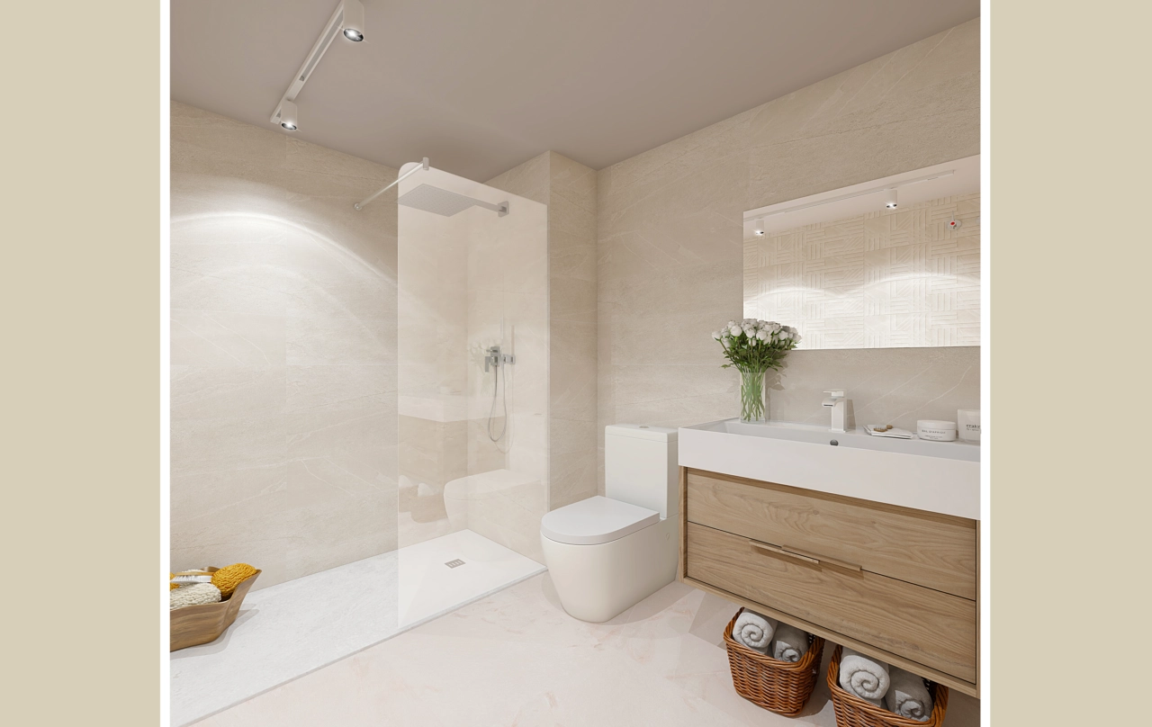 A contemporary bathroom with a walk-in shower, quality fittings, and elegant tiling, creating a spa-like feel.