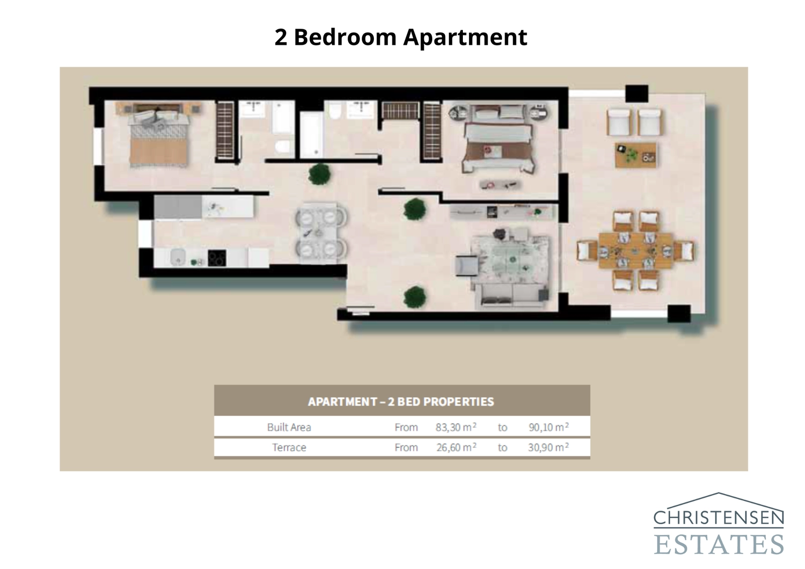 Floor plan for a two-bedroom apartment, showing a smart layout with an open-plan living area that connects directly to a generous terrace.