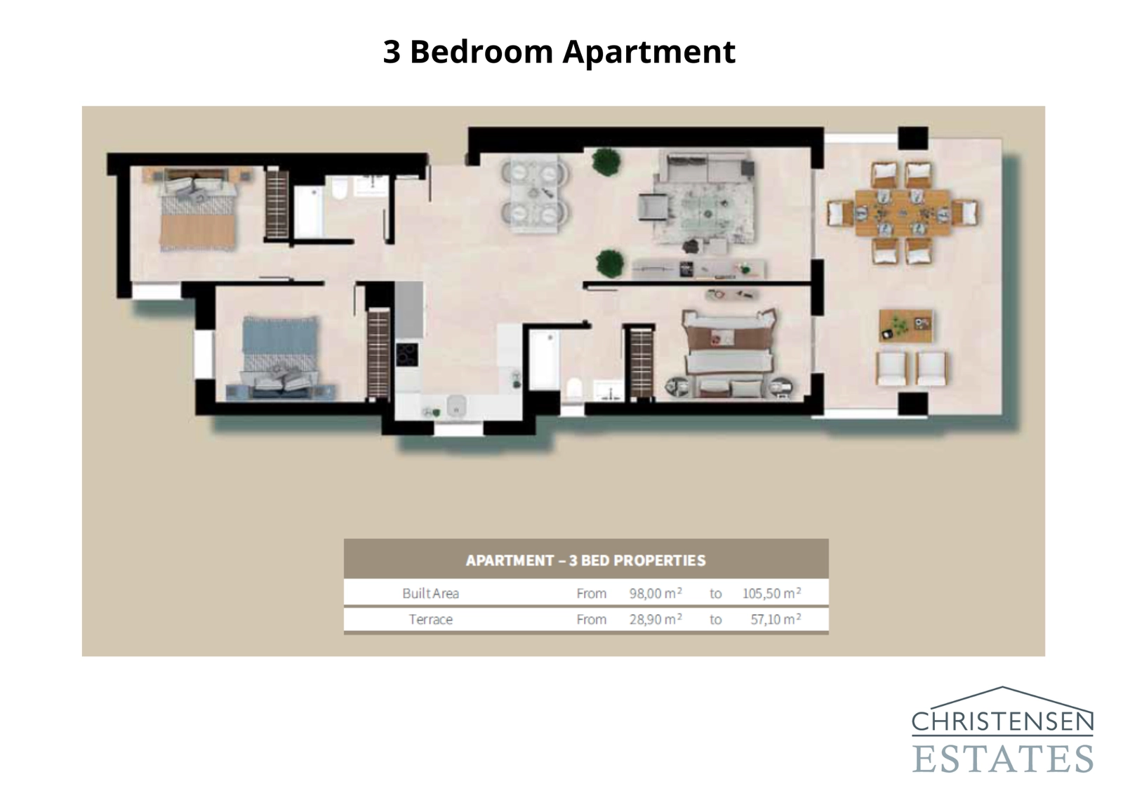 The three-bedroom apartment layout offers ample space for family and guests, with well-defined living and sleeping areas for privacy and comfort.