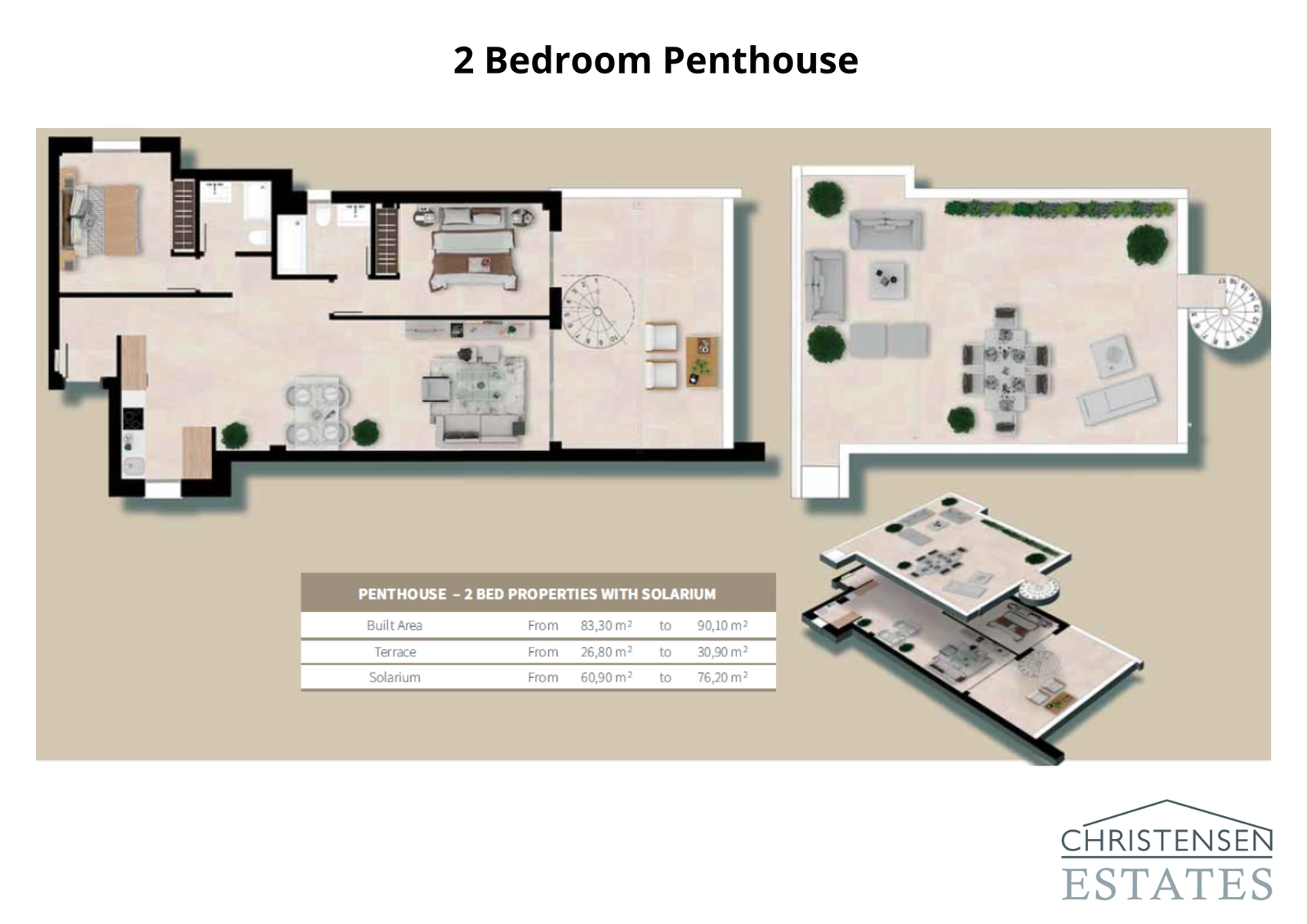 This two-bedroom penthouse plan showcases the expansive private rooftop solarium, an ideal space for sunbathing, dining, and enjoying the panoramic views.