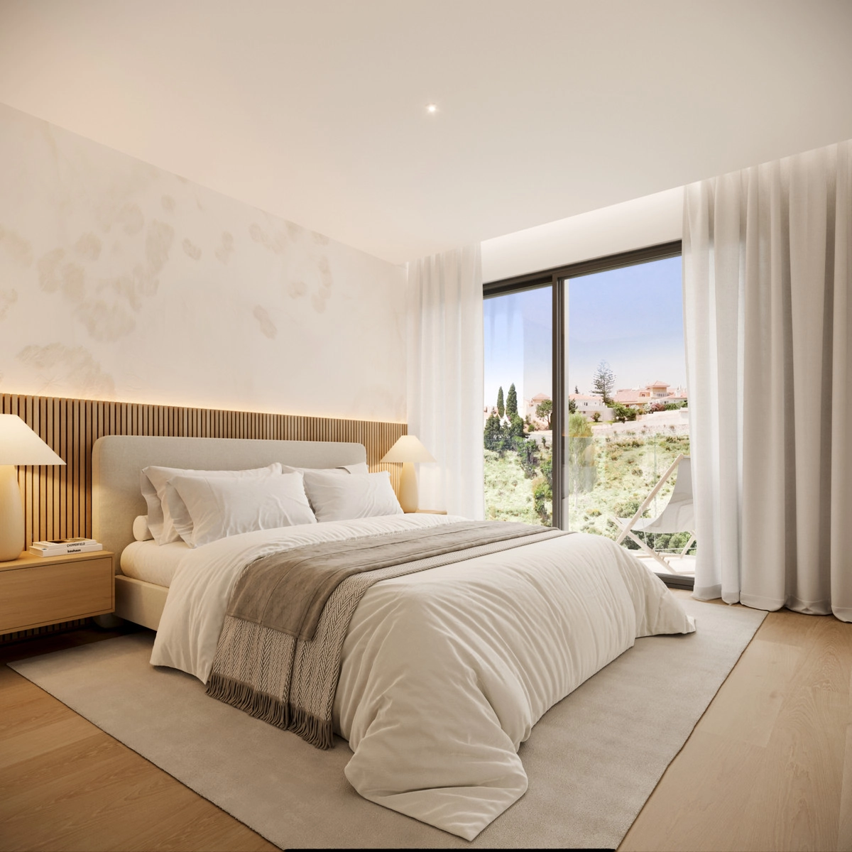 The master bedroom is a peaceful retreat with large windows and serene views.