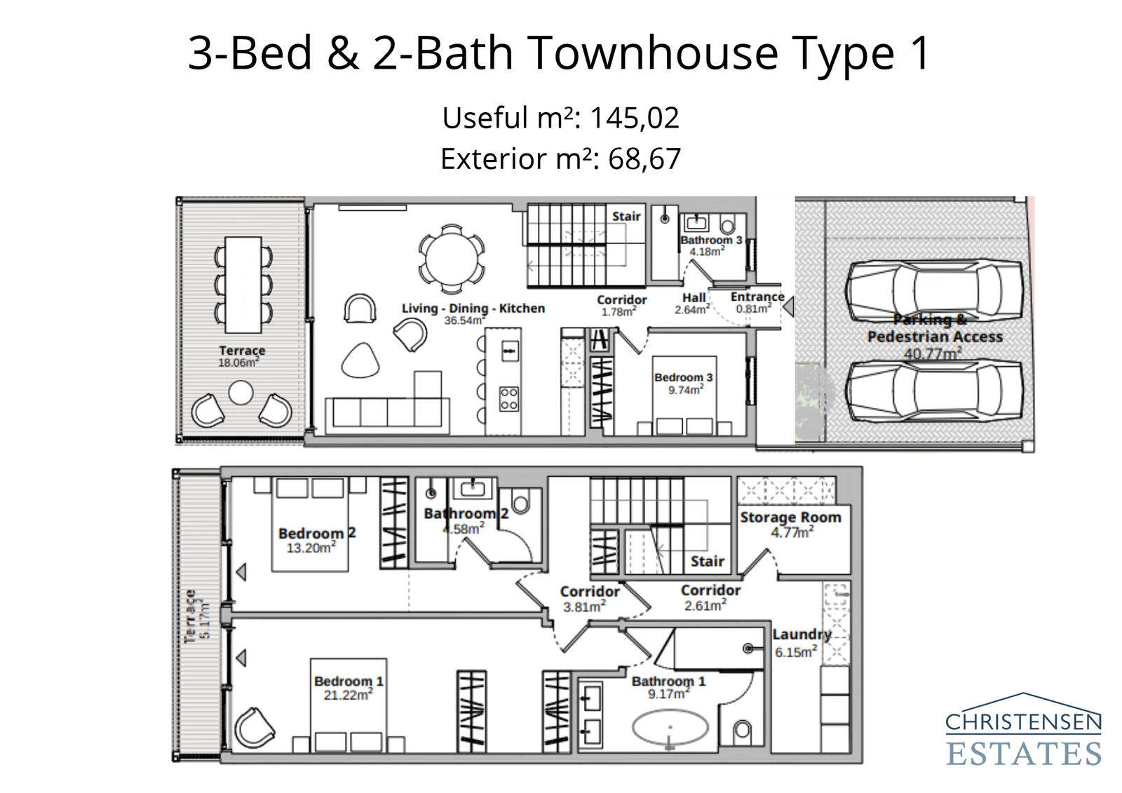 Floor plan for a three-bedroom townhouse, showing a spacious open-plan living area and generous outdoor terraces.