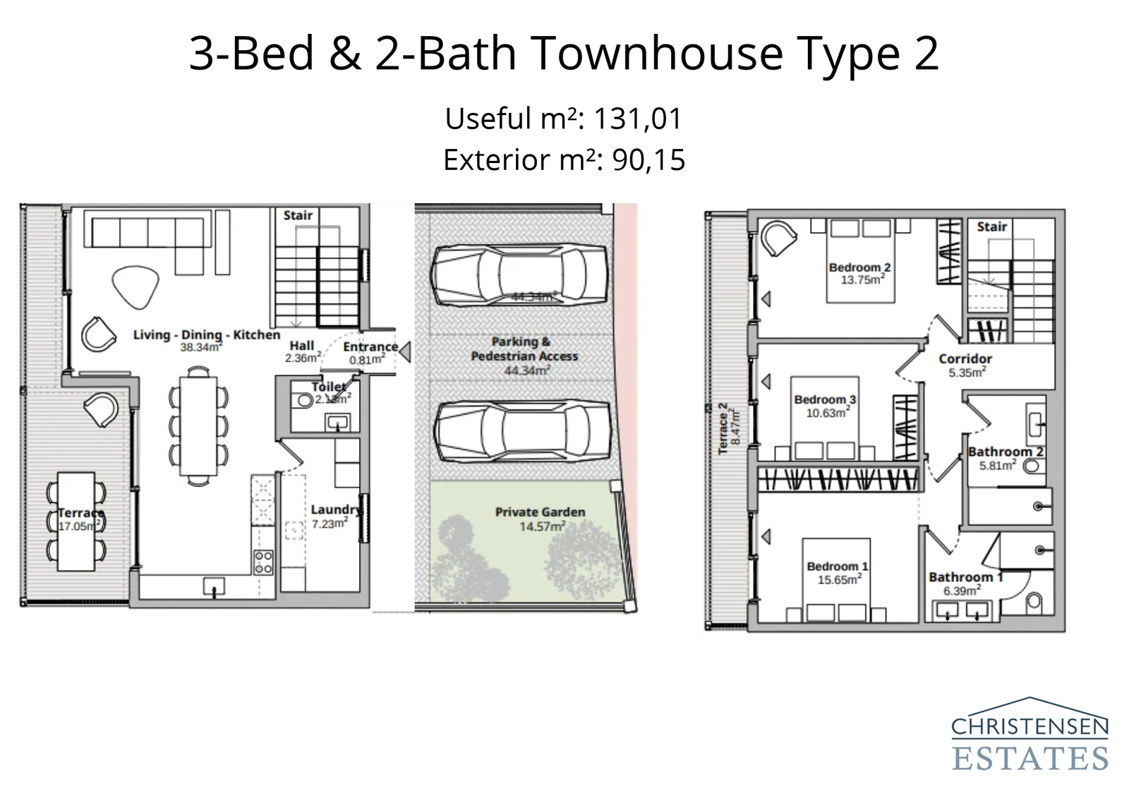 Layout for a three-bedroom townhouse featuring a private garden, well-defined living spaces, and practical bedroom arrangements.