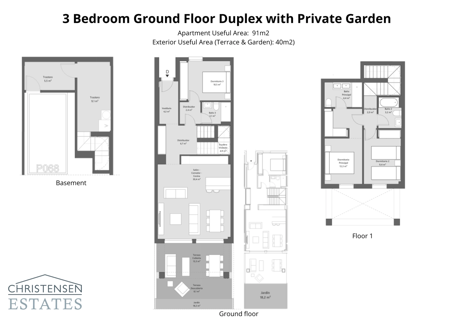 This three-bedroom duplex layout features expansive ground-floor living space connected to a private garden and terrace, with bedrooms thoughtfully placed for privacy.