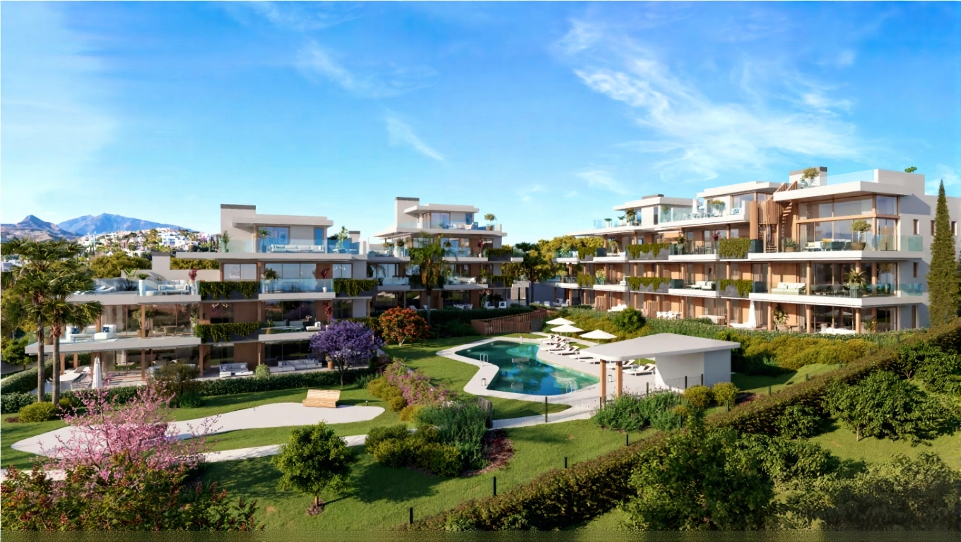 A view of the complete development, showcasing its contemporary architecture and beautiful landscaped gardens.