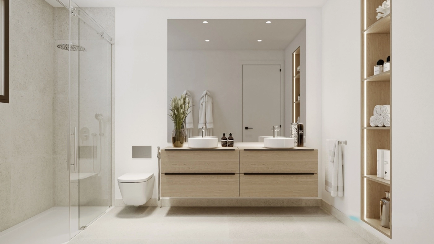 Modern bathrooms feature high-quality materials and clean lines, creating a spa-like feel.