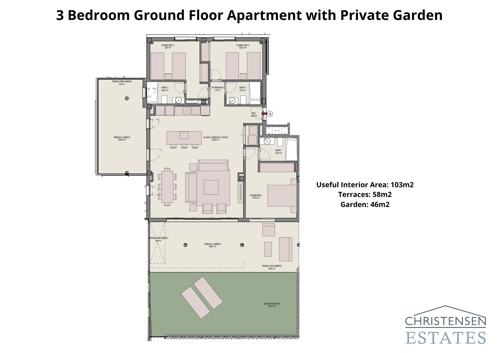 This three-bedroom ground-floor plan shows spacious interiors that connect to a large terrace and private garden, perfect for outdoor living.