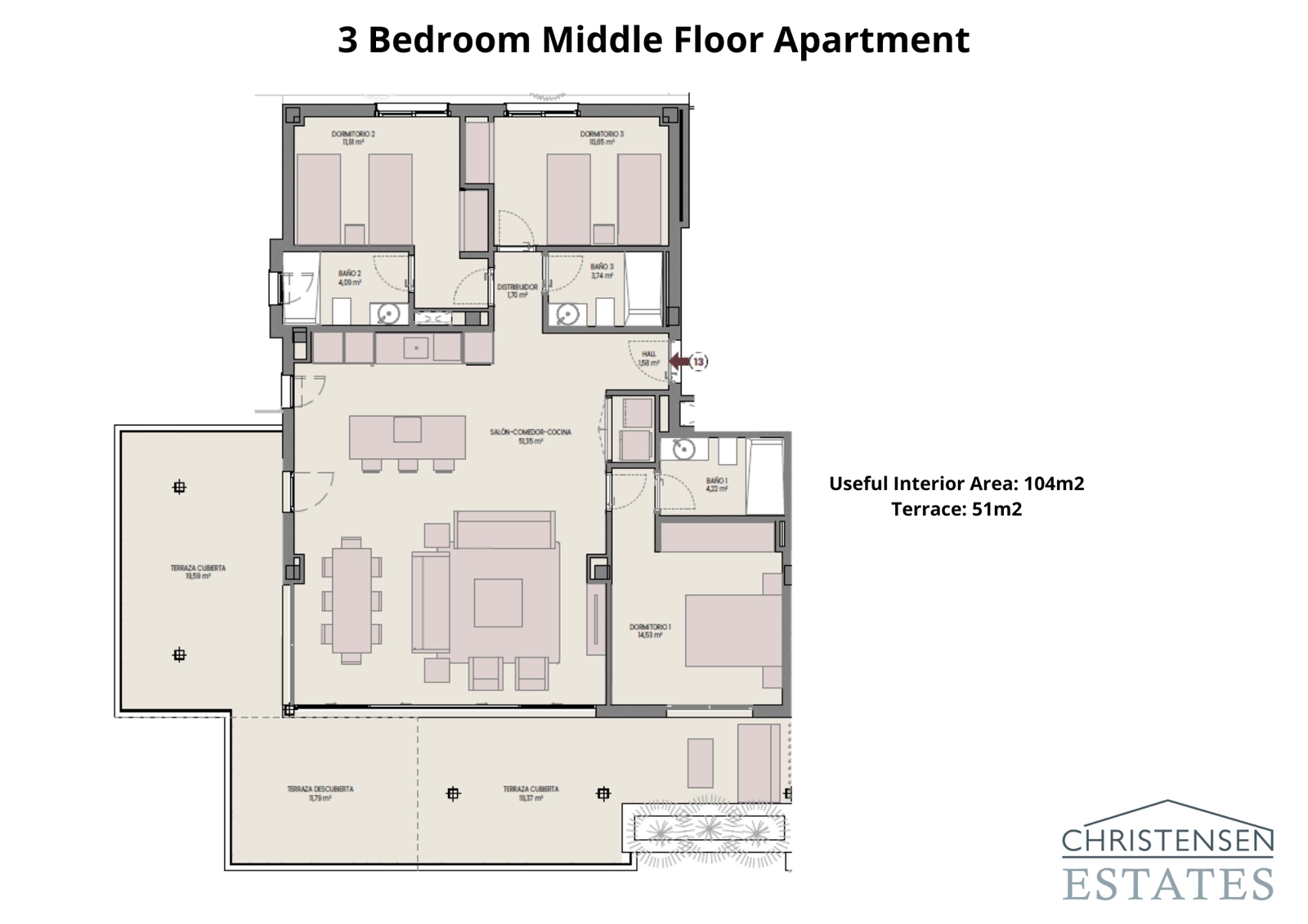 The layout for this three-bedroom middle-floor apartment features an open living area and a generous terrace to enjoy the views and climate.