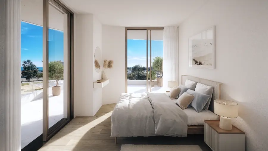 The master bedroom offers a peaceful sanctuary with beautiful finishes and direct access to outdoor space.