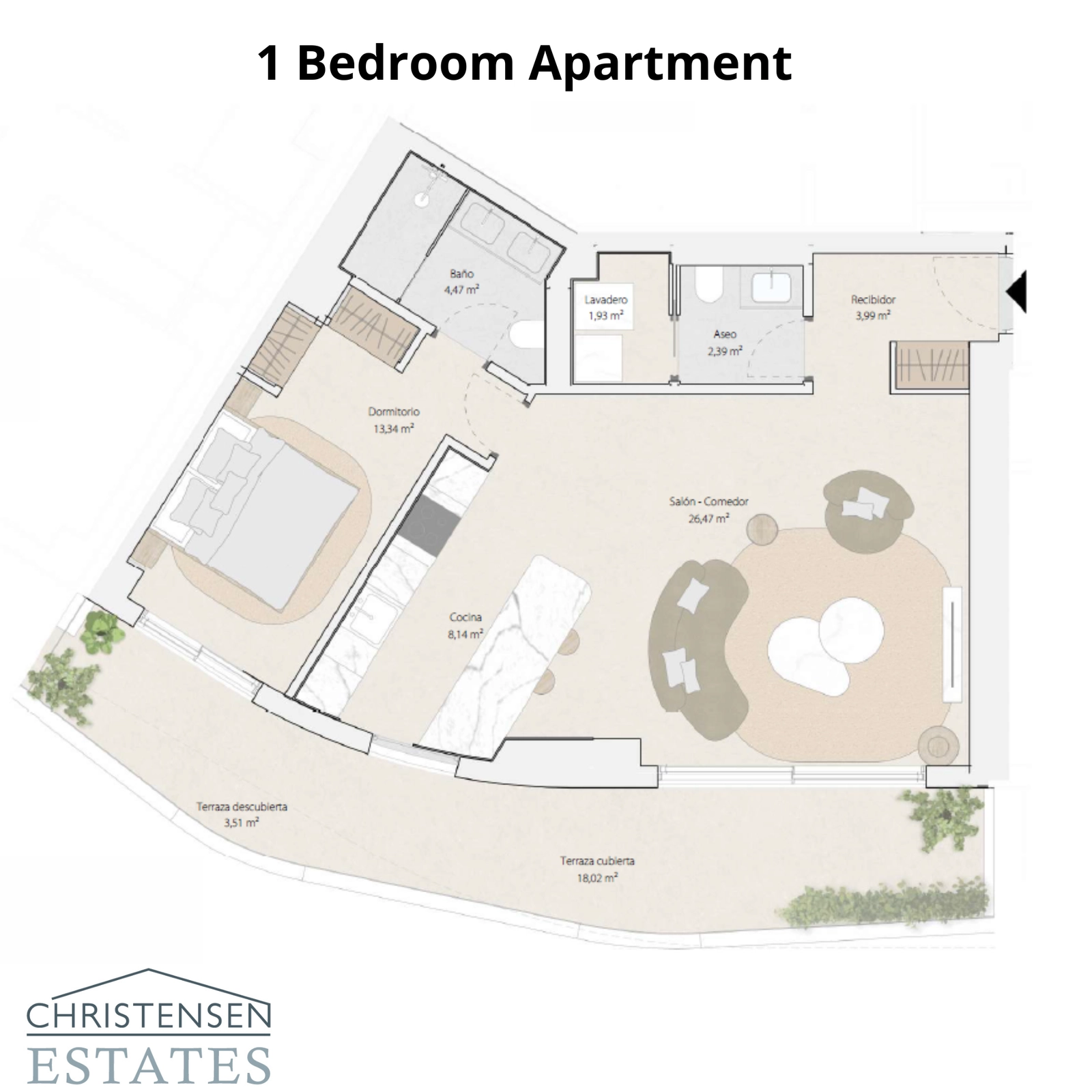 One-bedroom apartment layout, designed for comfort and style with a generous terrace to enjoy the views.