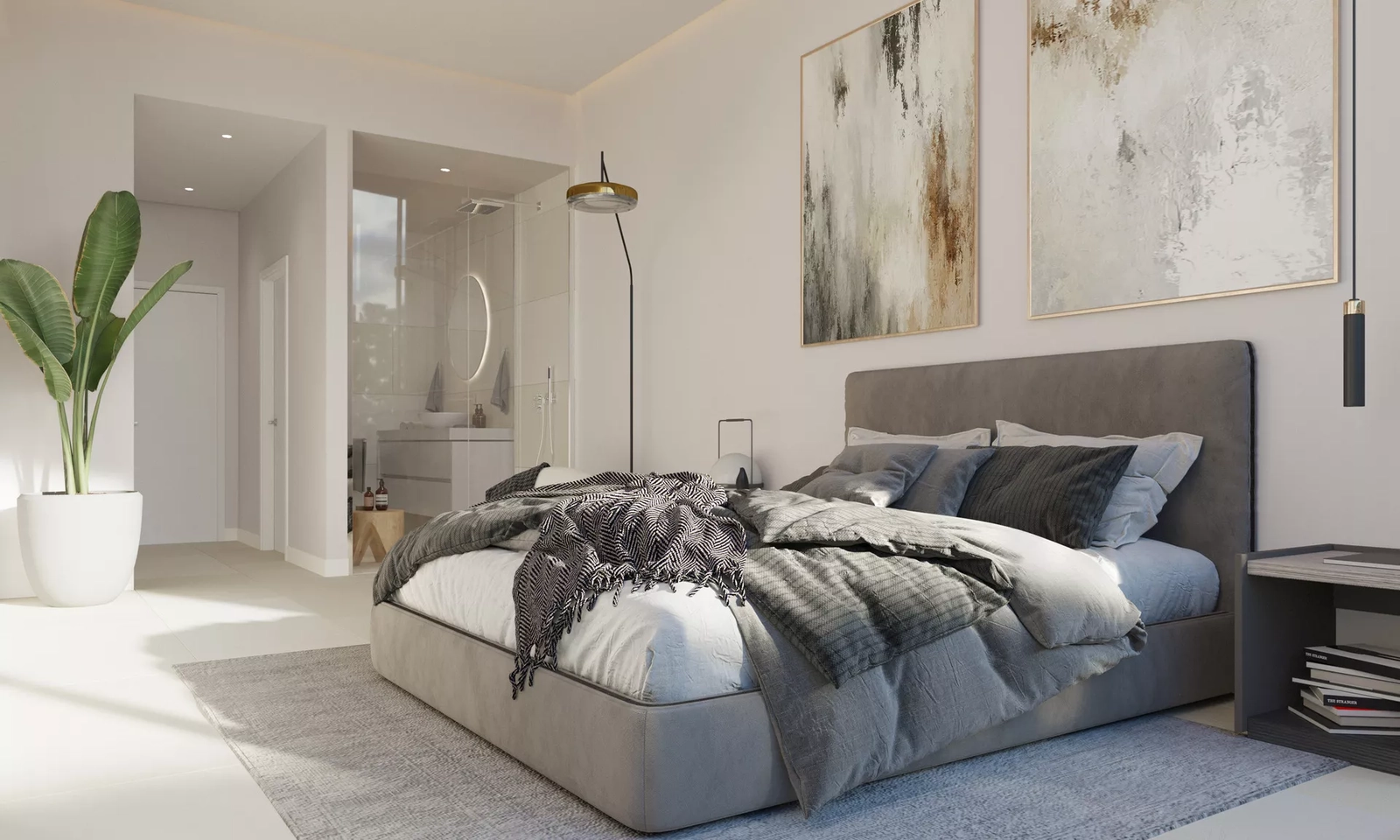 This guest bedroom includes a modern en-suite bathroom, offering privacy and comfort for visitors.