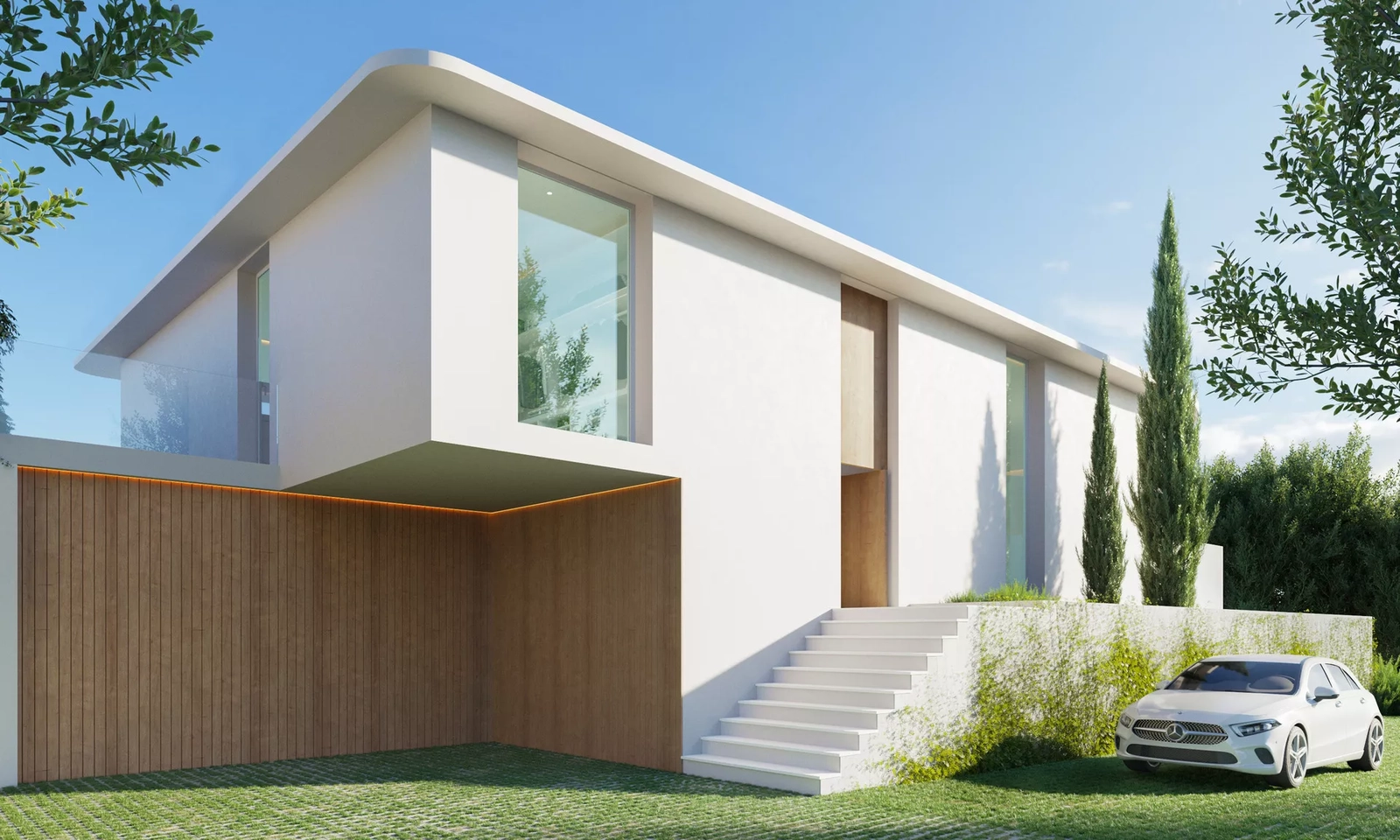 The villa's striking modern architecture makes a powerful first impression, blending clean lines with natural elements.