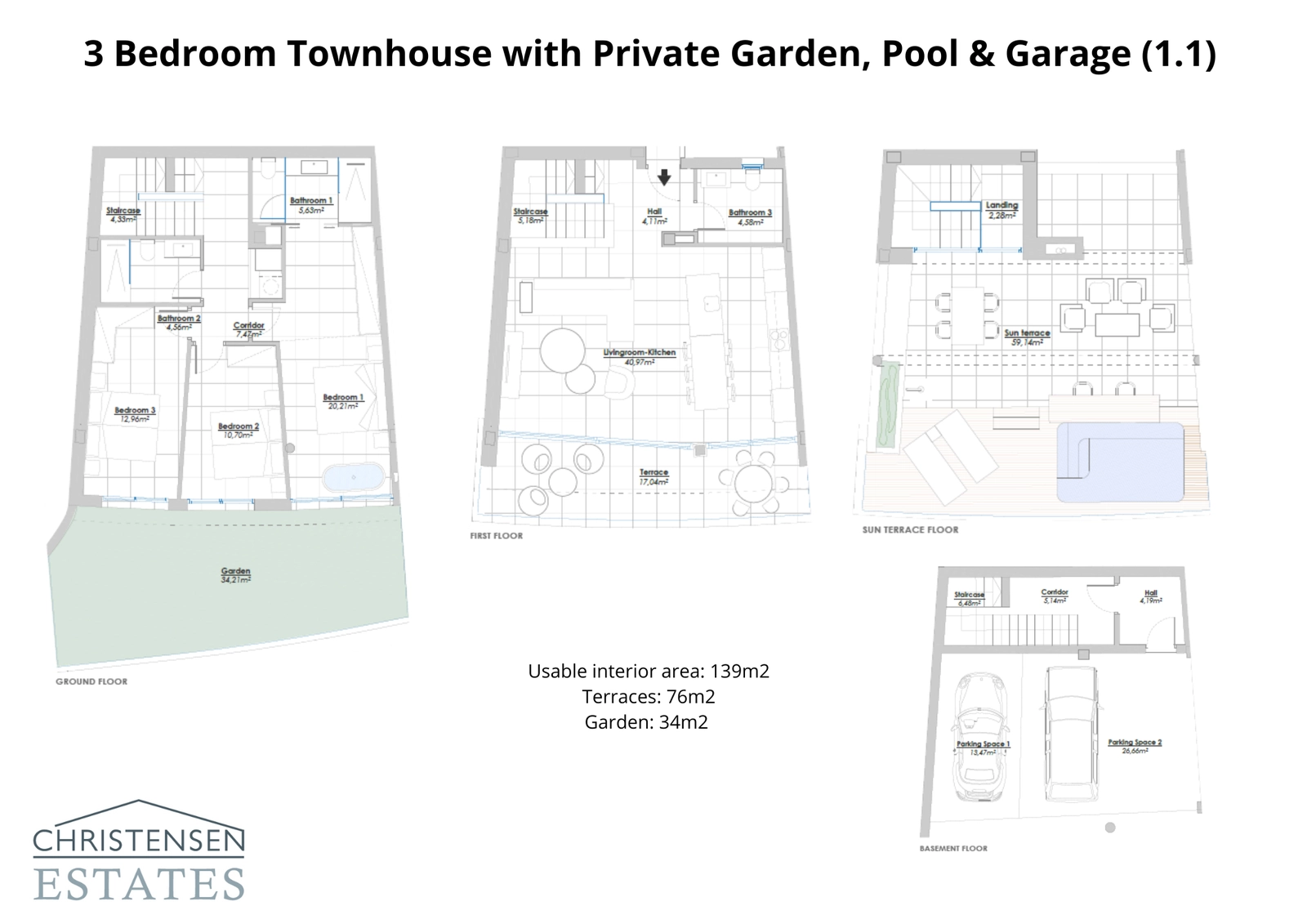 Layout for a 3-bedroom home, designed for modern living with a private garden, rooftop pool, and integrated garage.