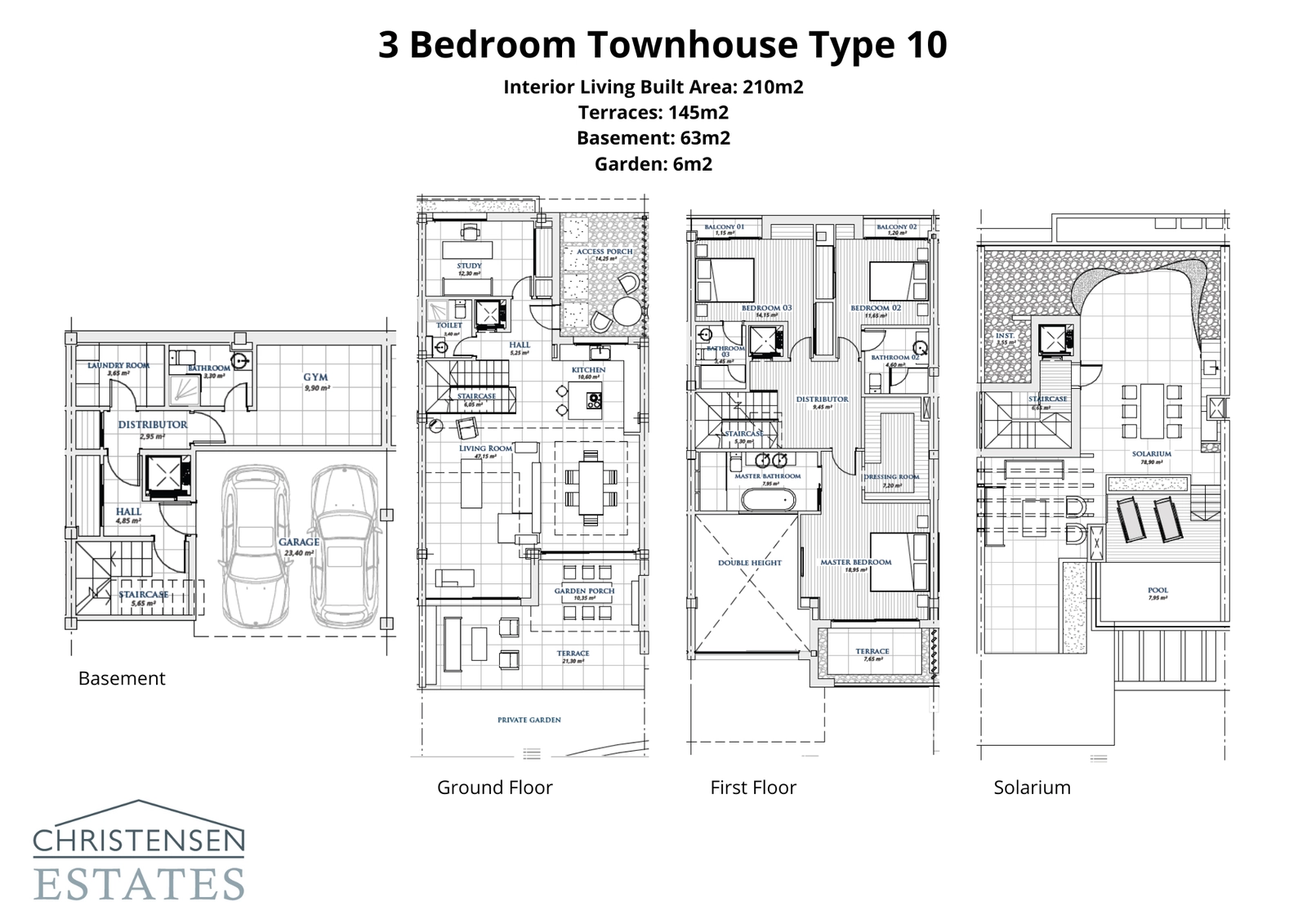 This thoughtfully designed layout shows the multi-level distribution, including a private garage, gym space, open-plan living area, and a rooftop solarium with a private pool.