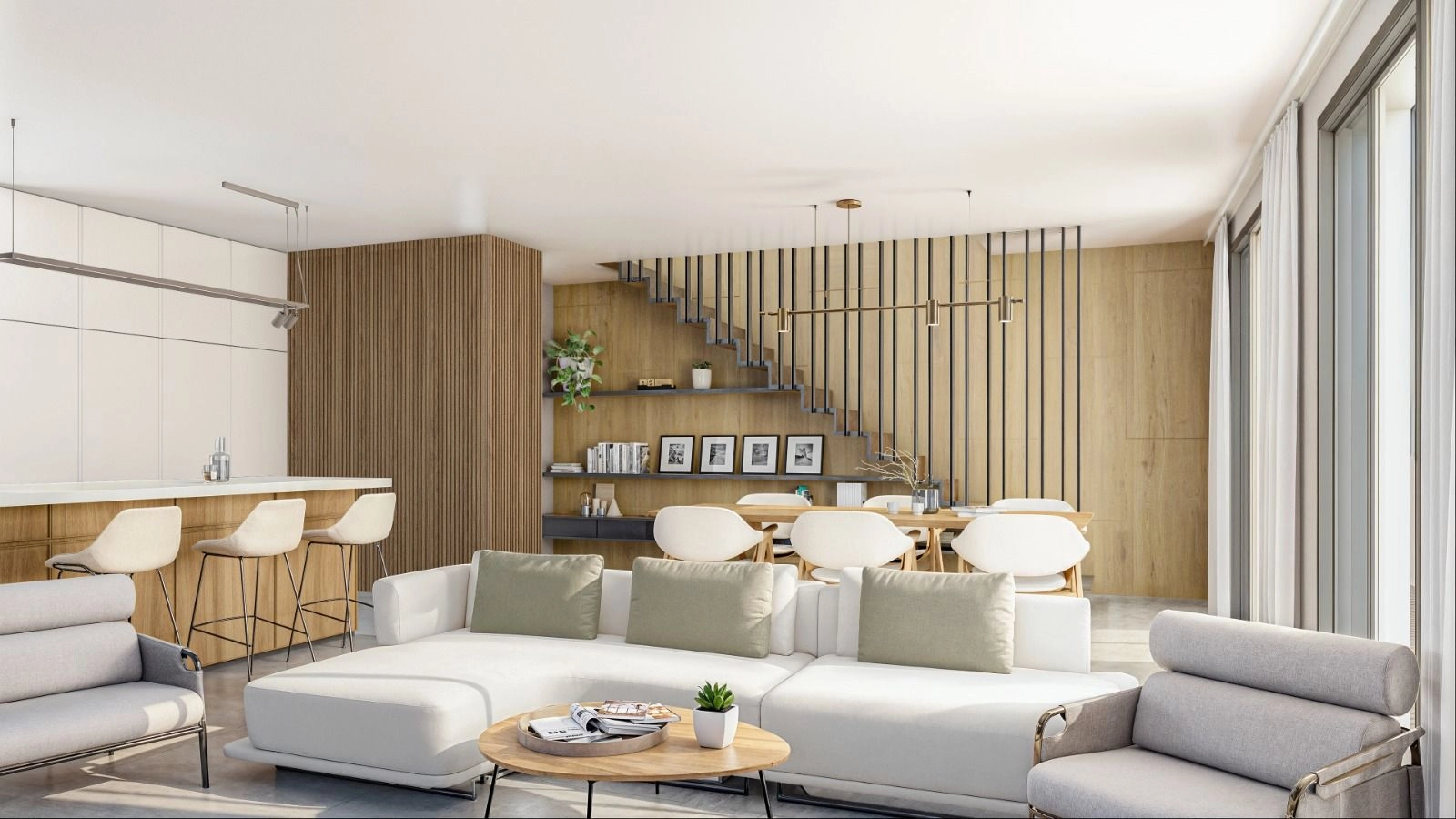 An open-plan living space that combines modern design with a warm, inviting atmosphere.