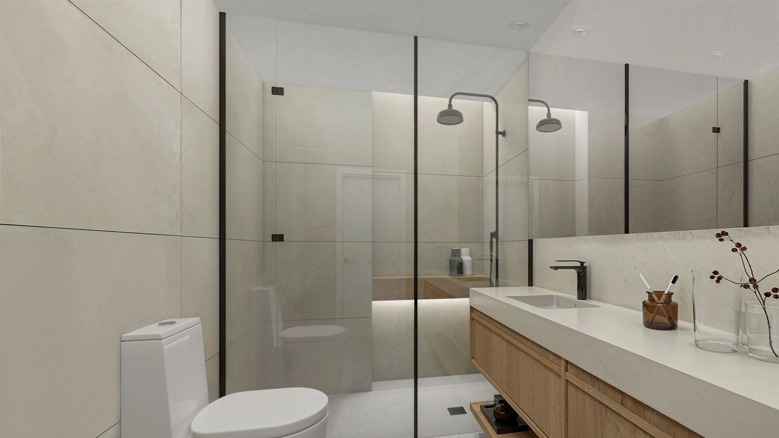 Contemporary bathrooms with high-quality fixtures and a clean, minimalist design.