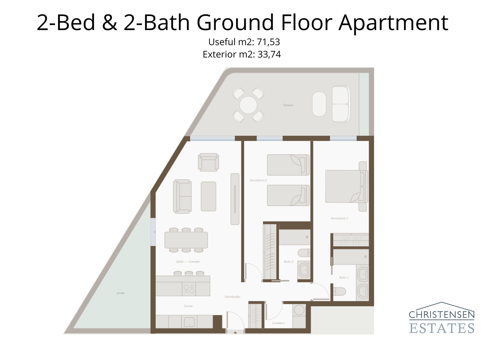 Floor plan for a two-bedroom ground floor apartment, featuring a spacious living area that opens to a private garden.