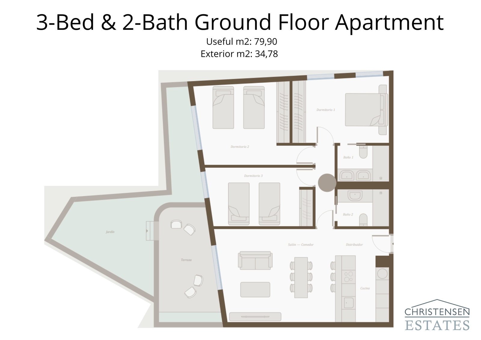 This three-bedroom ground floor layout offers generous indoor space connected to a large terrace and garden for perfect indoor-outdoor living.