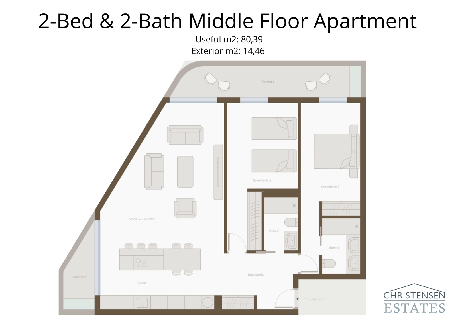 A well-designed two-bedroom apartment layout showcasing the efficient use of space and flow to the outdoor terrace.