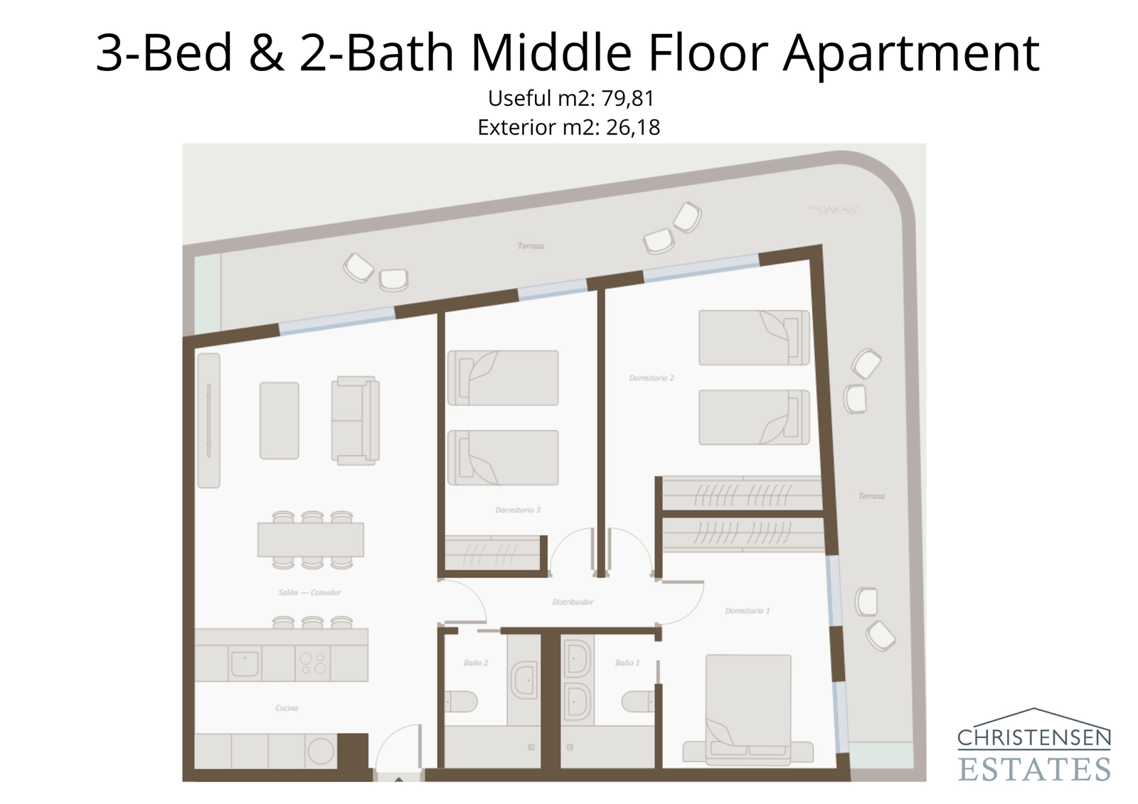 Layout of a three-bedroom apartment, designed to maximize comfort and natural light, with ample terrace space.