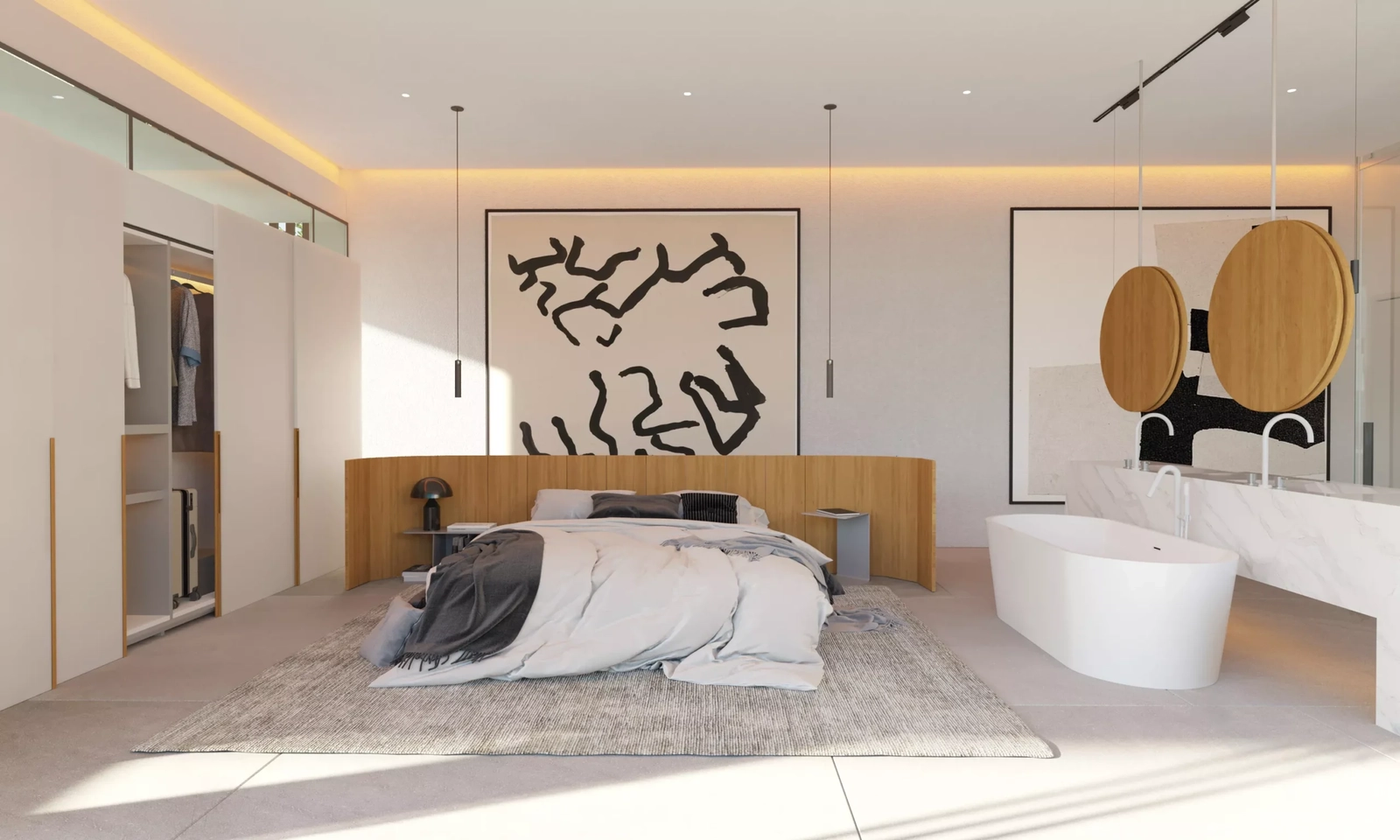 The master suite is a sanctuary of peace, featuring contemporary art and an open-concept bathroom.