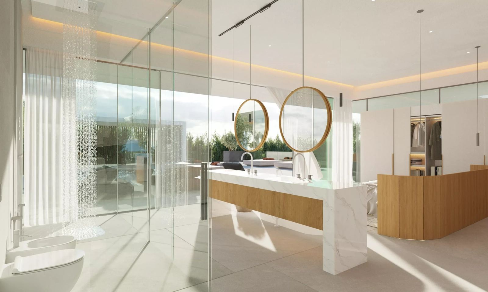 A luxurious bathroom with a walk-in shower and direct views of the outdoor terrace.