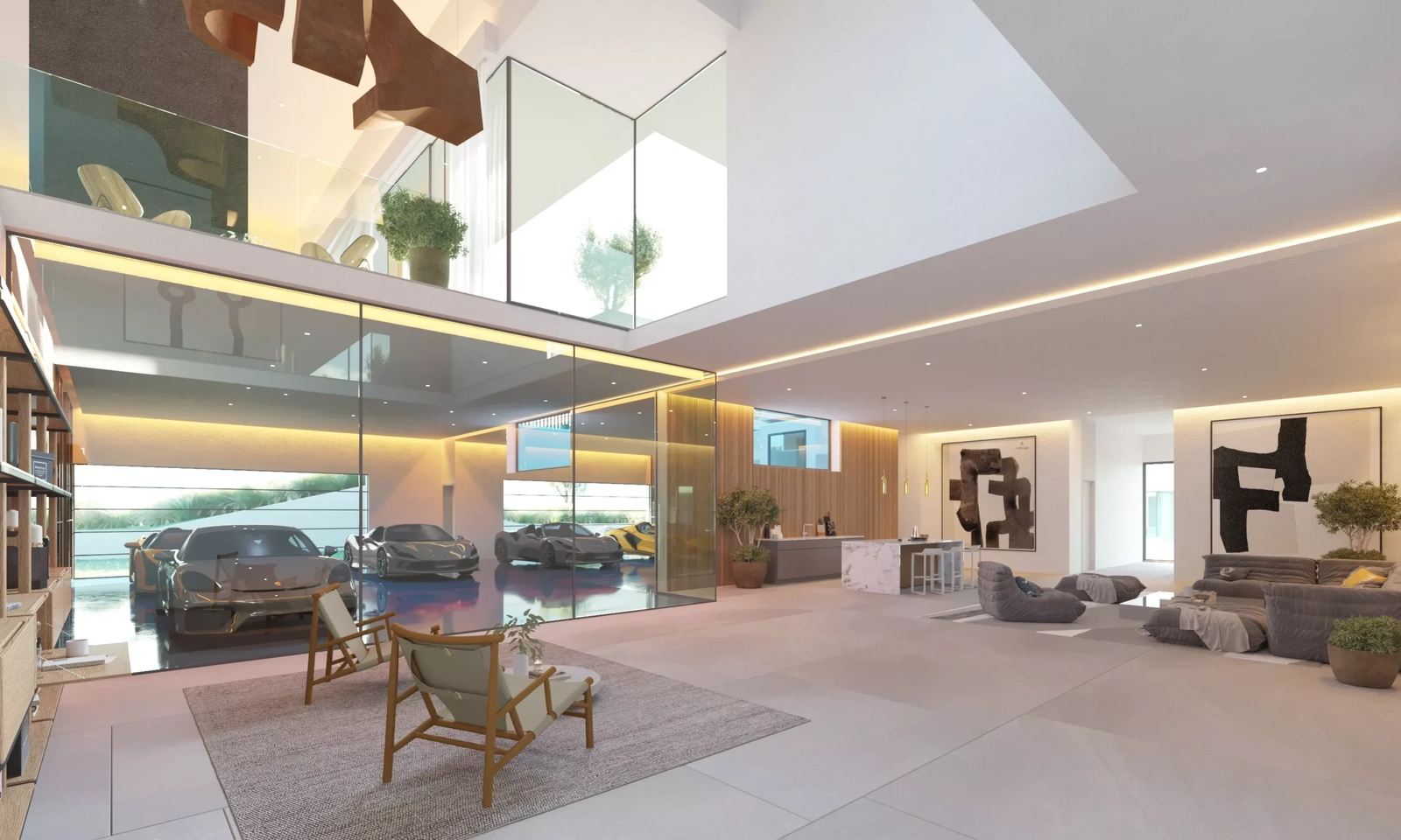The spectacular lower level features a glass-walled garage and a spacious entertainment lounge.