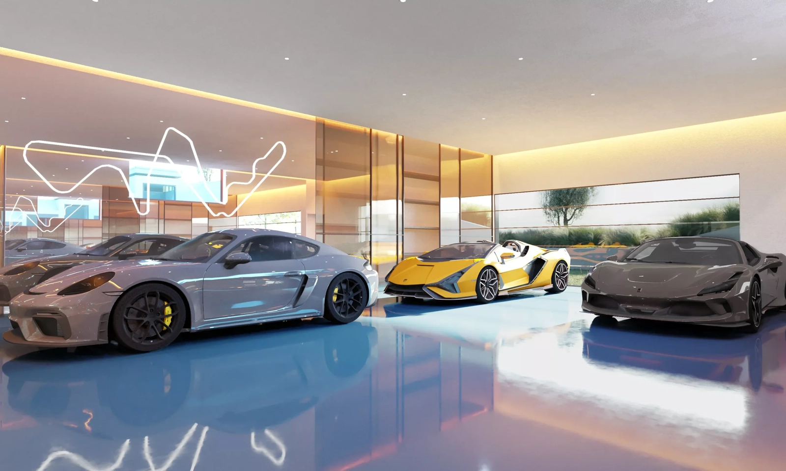 A showcase garage designed for the discerning car enthusiast, visible from the living areas.