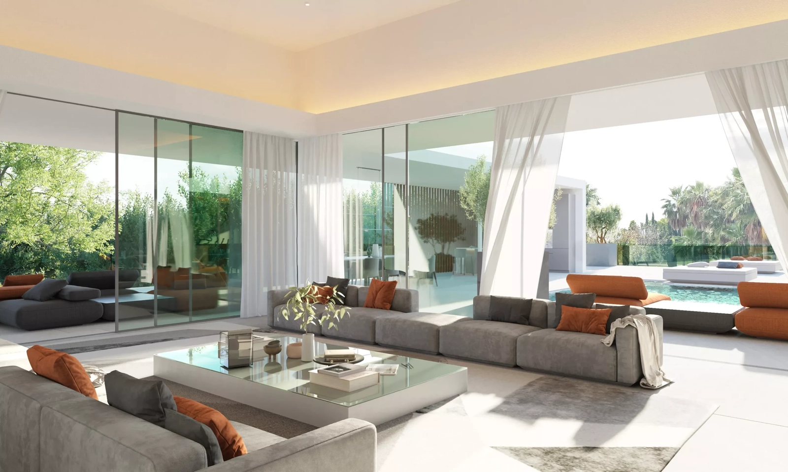 Spacious and bright living areas seamlessly connect with the outdoor terrace and pool.
