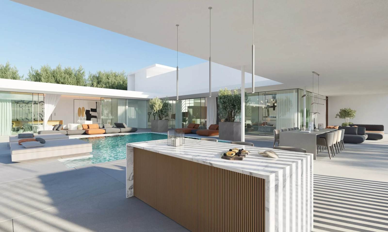An outdoor kitchen and dining area by the pool, ideal for entertaining guests in style.