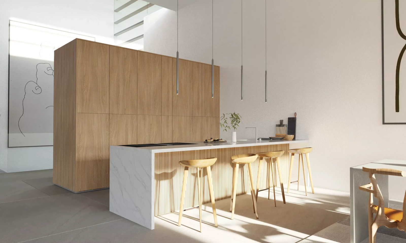 A modern, minimalist kitchen with a large island, combining functionality with high-end design.