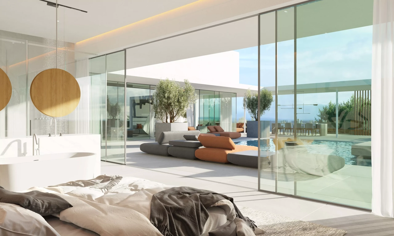 The master bedroom suite opens directly onto the terrace, blending indoor luxury with the beautiful pool area.