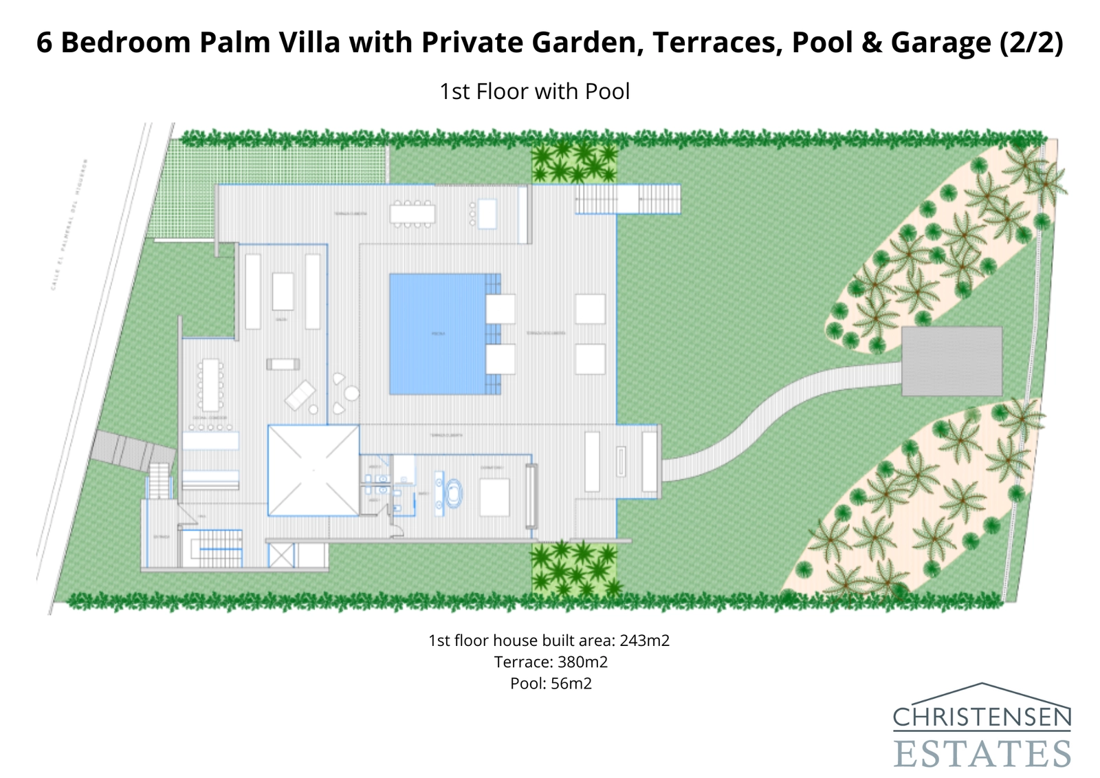 First-floor plan showcasing the main living spaces, master suite, and expansive terrace with a pool, designed for seamless indoor-outdoor living.