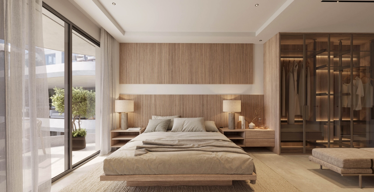 The master bedroom offers a tranquil retreat, with elegant design, generous wardrobe space, and direct access to a private terrace.