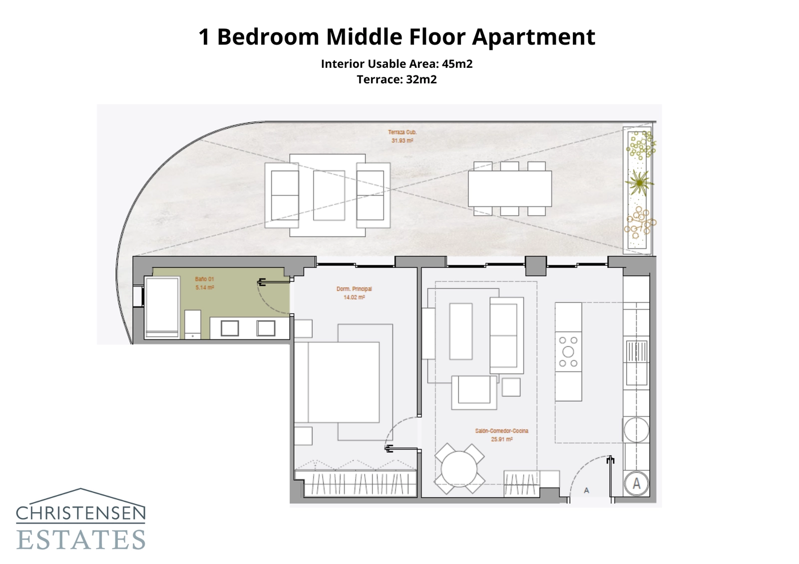 Floor plan for a stylish 1-bedroom apartment. The design features a smart layout that maximizes the 45m² interior and connects to a generous 32m² terrace for perfect indoor-outdoor living.