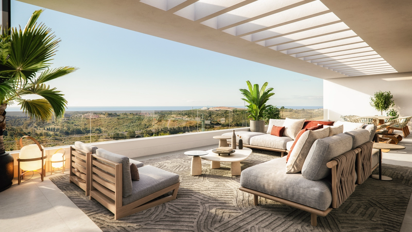 Spacious private terraces offer panoramic views of the Mediterranean coastline.
