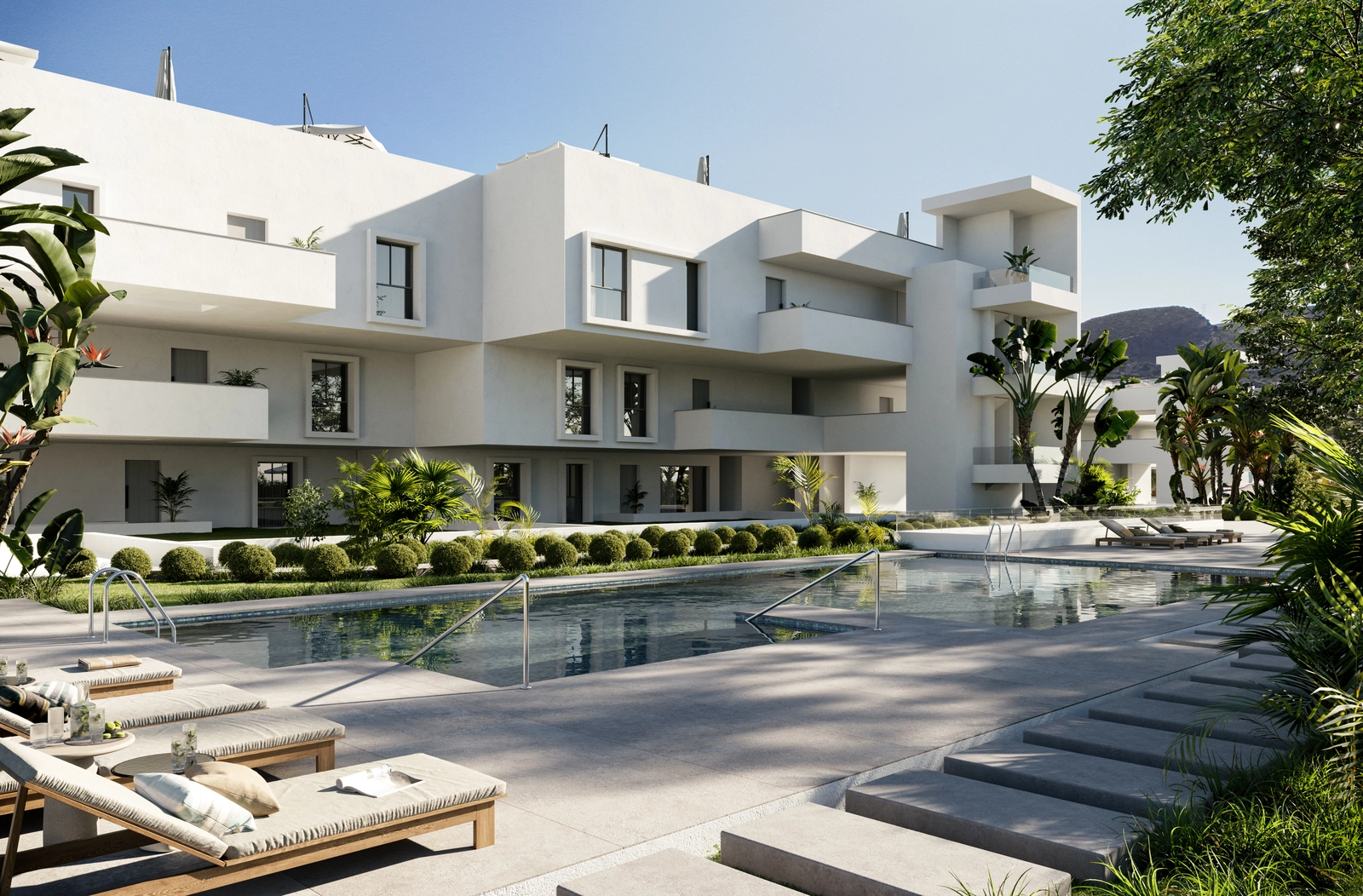The development features beautifully landscaped gardens and communal swimming pools.