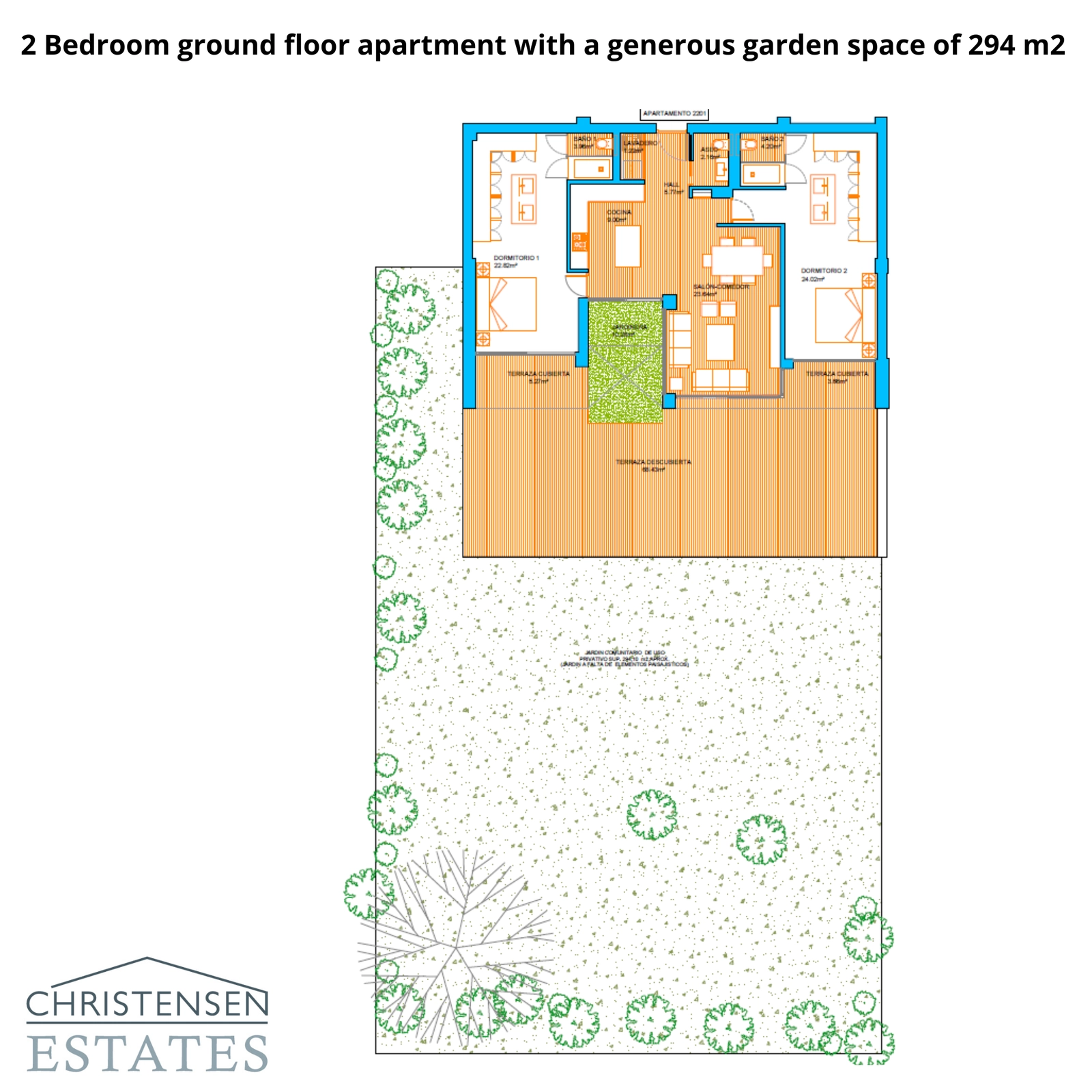 Two-bedroom ground floor plan featuring an expansive private garden of 294 m², perfect for seamless indoor-outdoor living.