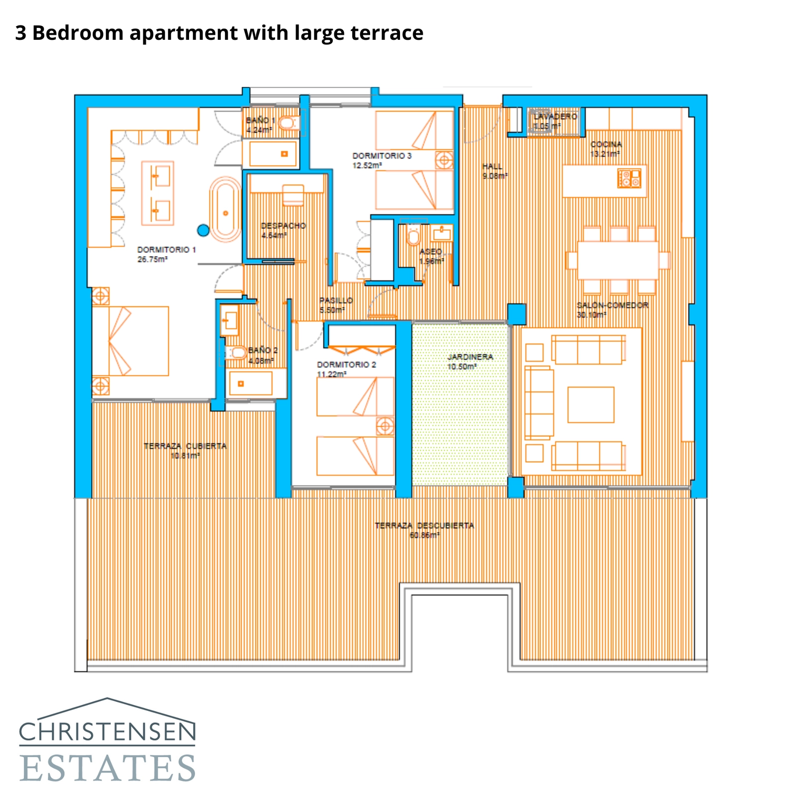 A well-distributed three-bedroom apartment, offering generous interior spaces and an extensive terrace for relaxation and entertaining.