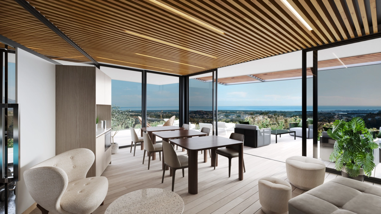 A stylish co-working area offers a productive environment for work and meetings.