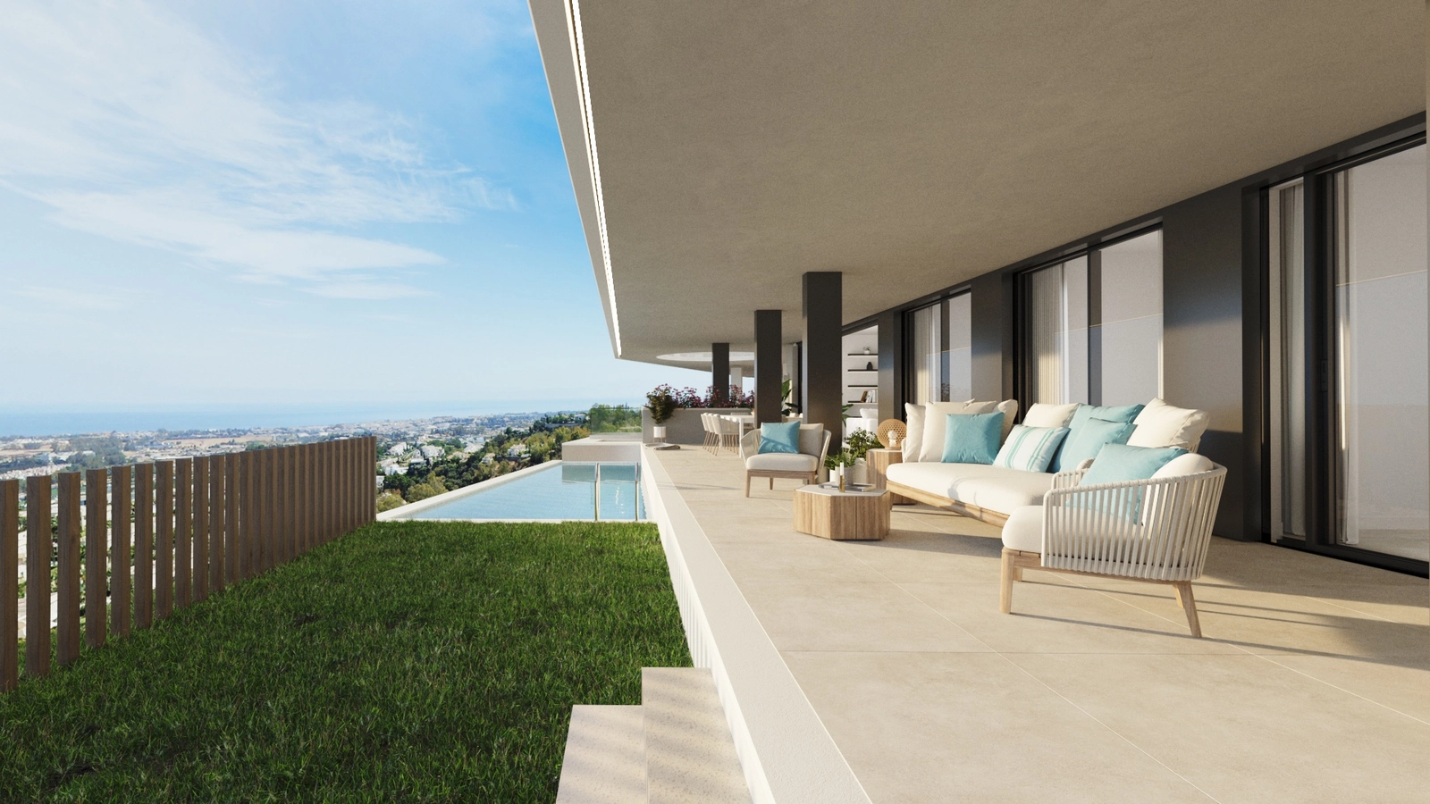 Ground floor apartments feature generous terraces and private gardens, some with their own pool.