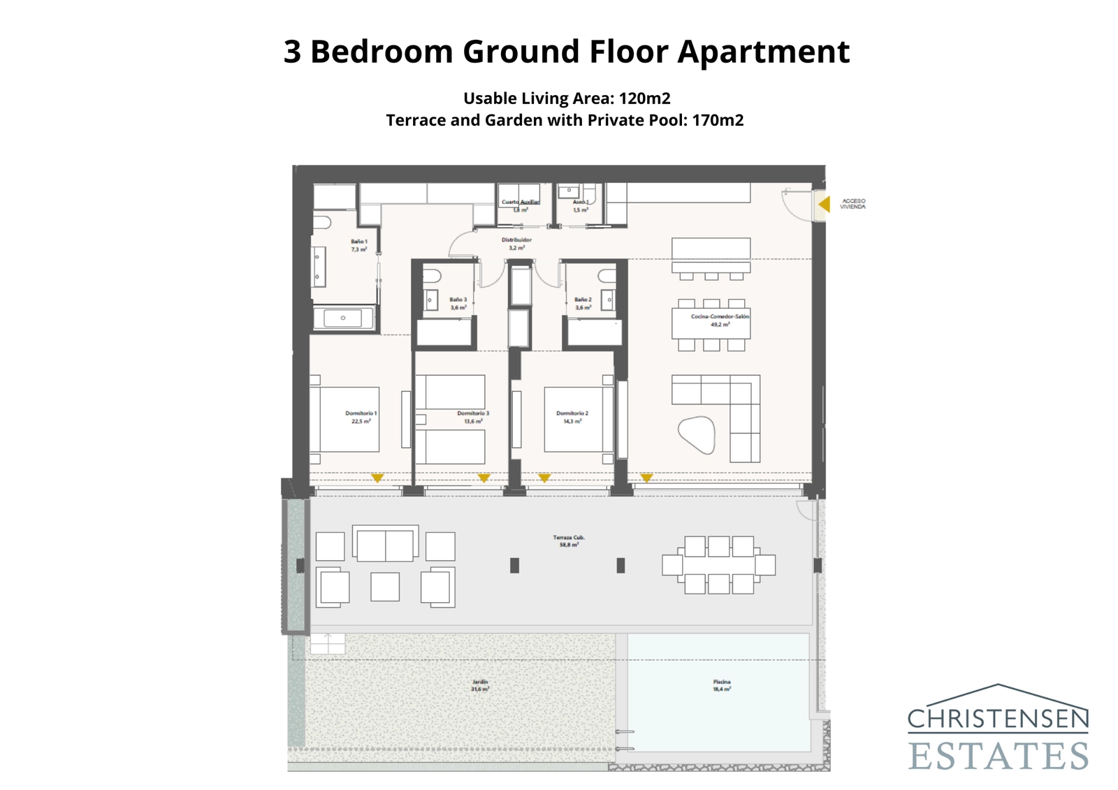 This three-bedroom ground floor layout shows a seamless flow from the spacious interior to a large terrace, garden and private pool.