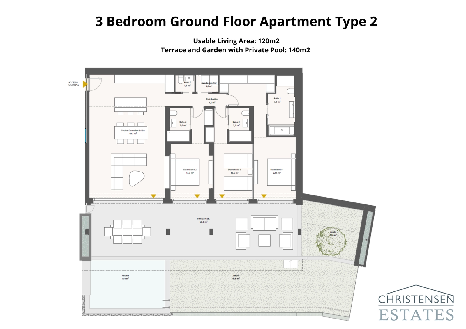 An alternative ground floor plan highlighting the generous living spaces and en-suite bedrooms, all connecting to the extensive outdoor area.