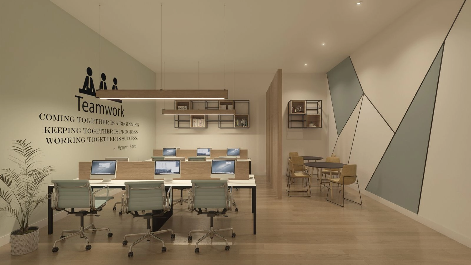 The co-working space provides a professional and comfortable environment for work or meetings.